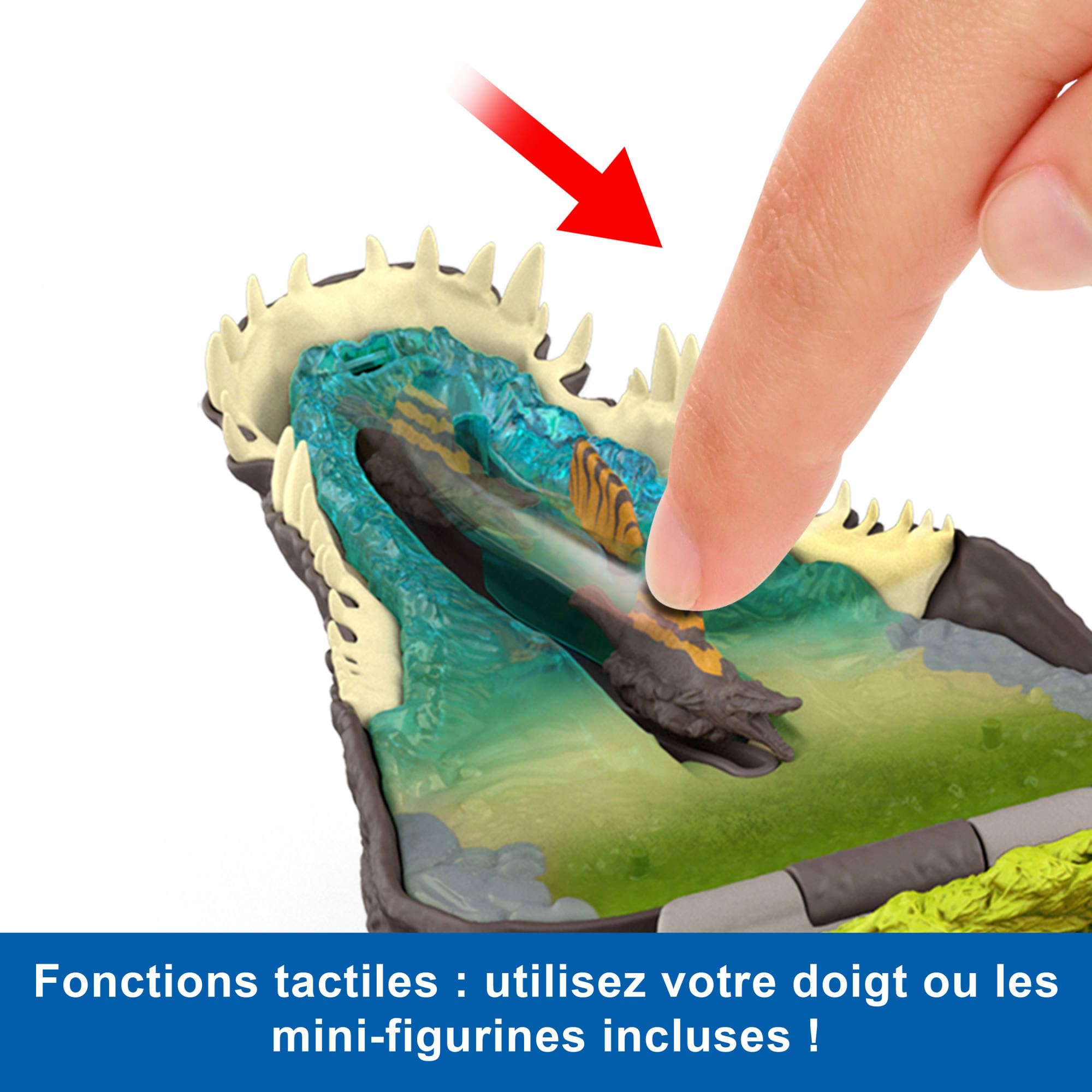 Mattel Jurassic World: Renaissance Coffret Micro Aventures Spinosaure , avec la tête du spinosaure qui s’ouvre et intègre 4 fonctions interactives, 3 mini-figurines, figurine dinosaure, JGB98