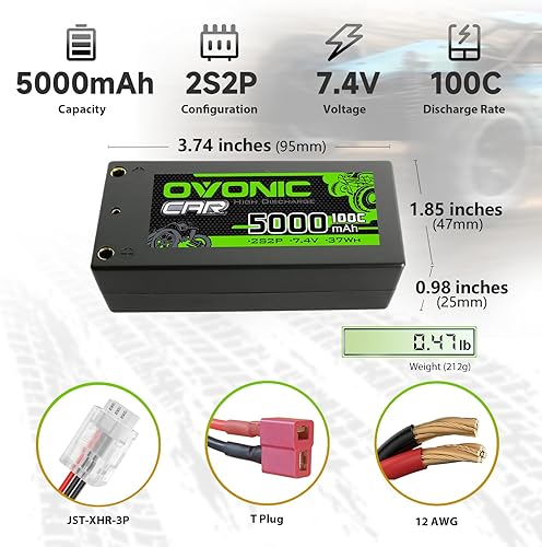 Miniatura 3 de OVONIC 2S Shorty Lipo Battery 100C 5000mAh 7.4V Lipo Batería con conector tipo Bullet Dean de 0.157 in estilo T para vehículos RC 18 110 de 18 110