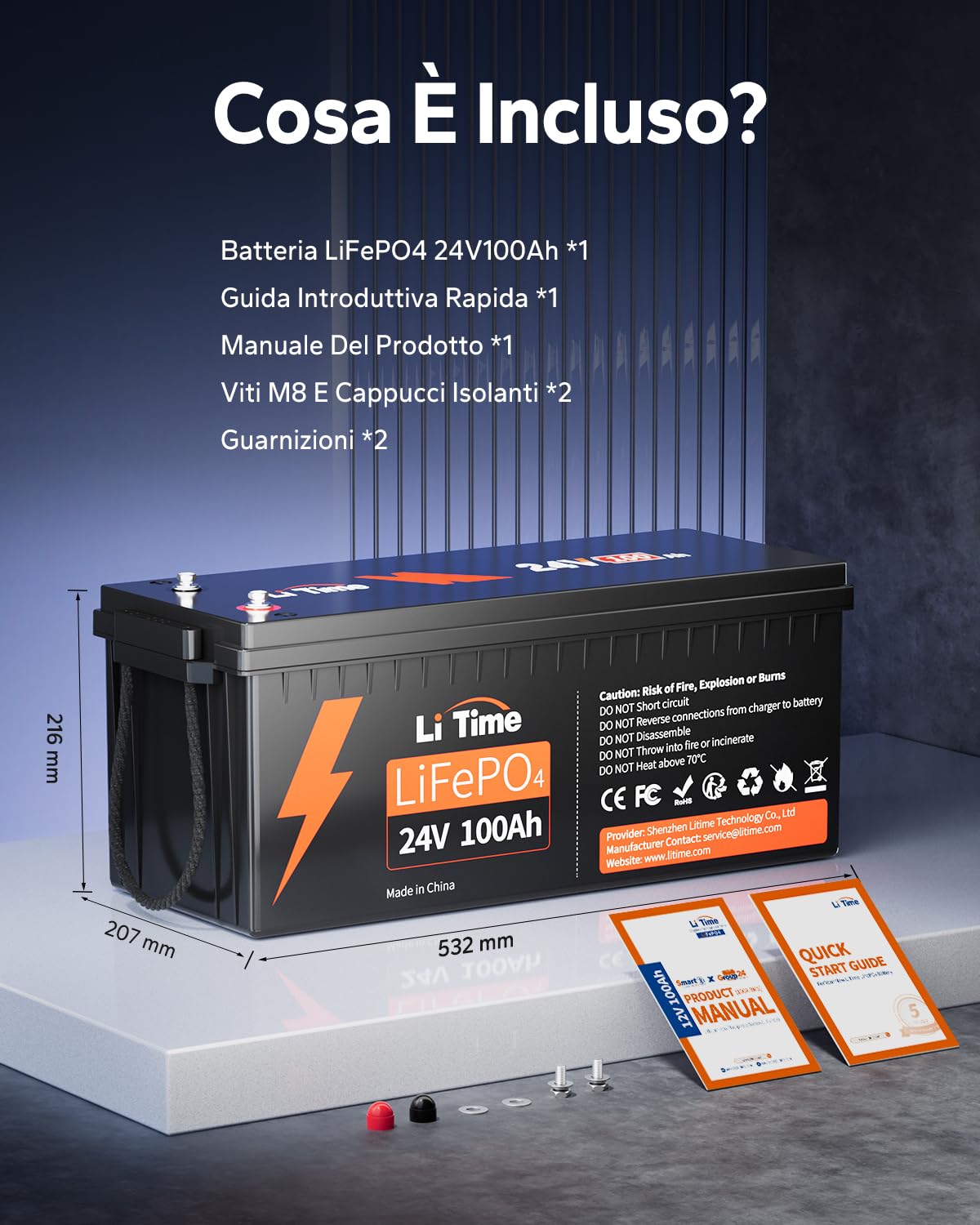 LiTime 24V 100Ah Batteria al Litio, Batteria Lifepo4 con 100A BMS, 4000+ Cicli, 10 Anni Di Vita, Batteria Litio Adatta Per Caravan, Camper, Solare, Nautica, Applicazioni Off-grid