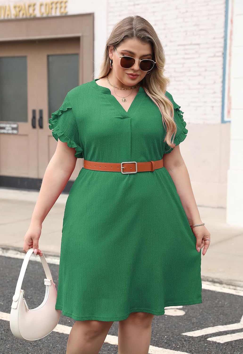 Celkuser Plus Size Summer Casual Dresses for Women V Neck Ruffle Cap Short Sleeve Flowy Midi Dress with Pocket - Image 4