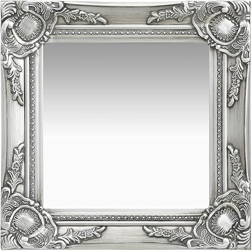 Espejo de pared estilo barroco de 15.7 x 15.7 pulgadas, espejo de pared vintage plateado con marco barroco adornado, aspecto antiguo, espejo
