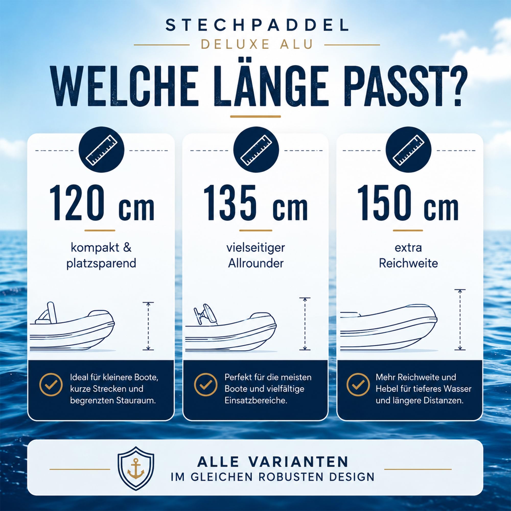 Paddel 120cm / 135cm / 150cm – stabiles Bootspaddel mit Aluminiumrohr & Kunststoffblatt | Kajak Paddel, Schlauchboot Paddel & Wassersport Zubehör für Freizeitboot, Beiboot & SUP Zubehör