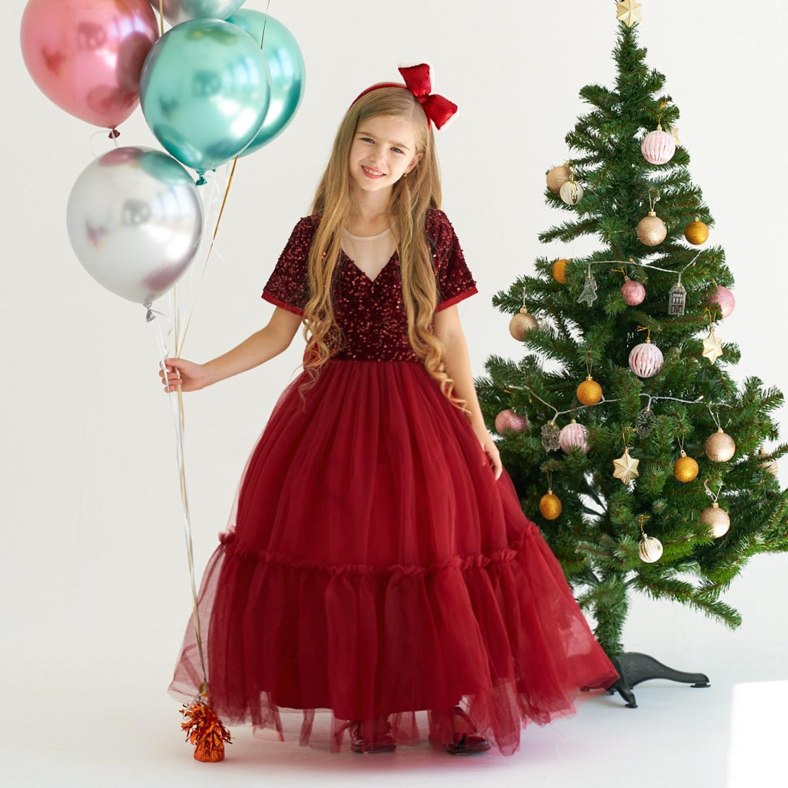 Elegant Pailletten Kleider Mädchen Festlich Tüllkleid Karneval Fasching Glitzer Cocktail Partykleider Mädchen Kurzarm V Ausschnitt Festival Freizeit Lässig Locker Bequeme
