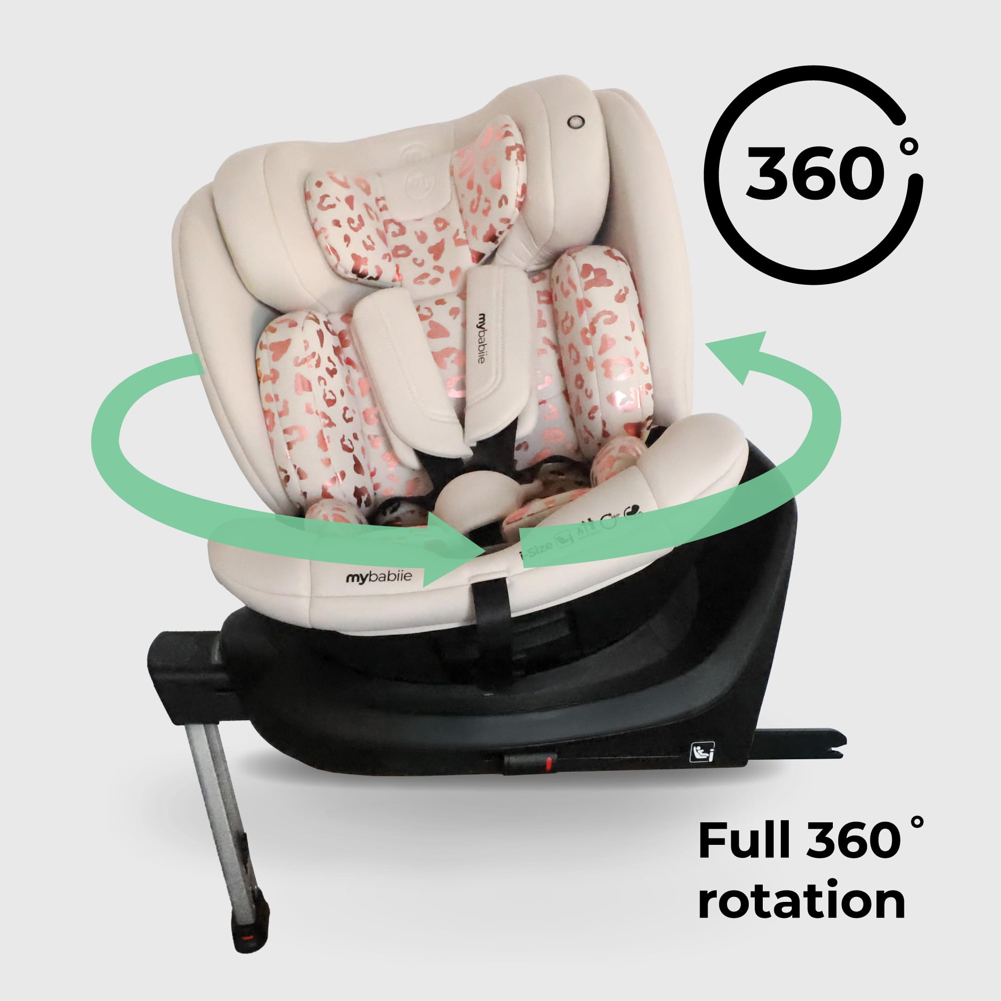 My Babiie MBCS400 360° Spin R129 - Asiento de coche para bebé - Pierna de apoyo, ISOFIX, nacimiento a 12 años (40-150 cm), i-Size, ERF, grupo 0+/1/2/3, giratorio 360 - Leopardo rosa
