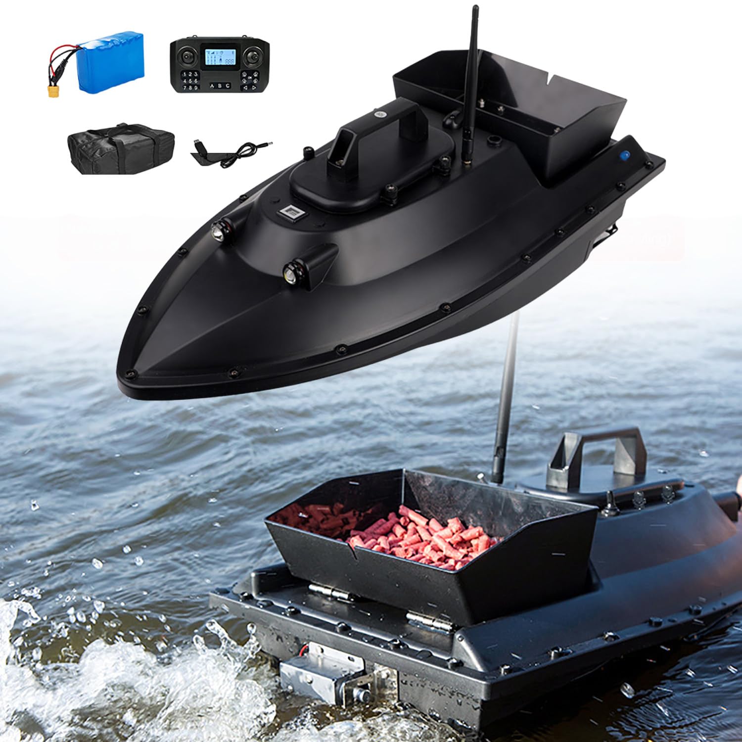 Barca Esca da Pesca GPS 12V con batteria da 18000 mAh + borsa per barca + U*S*B (sgancio elettromagnetico) Ritorno automatico, 3 velocità regolabili, carico 2,5 kg Contenitore di scarico