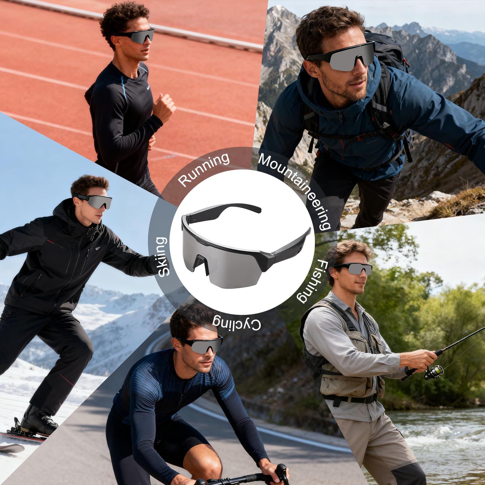 Occhiali da Ciclismo Intelligenti con Bluetooth, Stereo Senza Fili Audio, Occhiali da Sci, Cancellazione del Rumore, Protezione UV, Navigazione Vocale, Adatti per Alpinismo, Sciare e Corsa