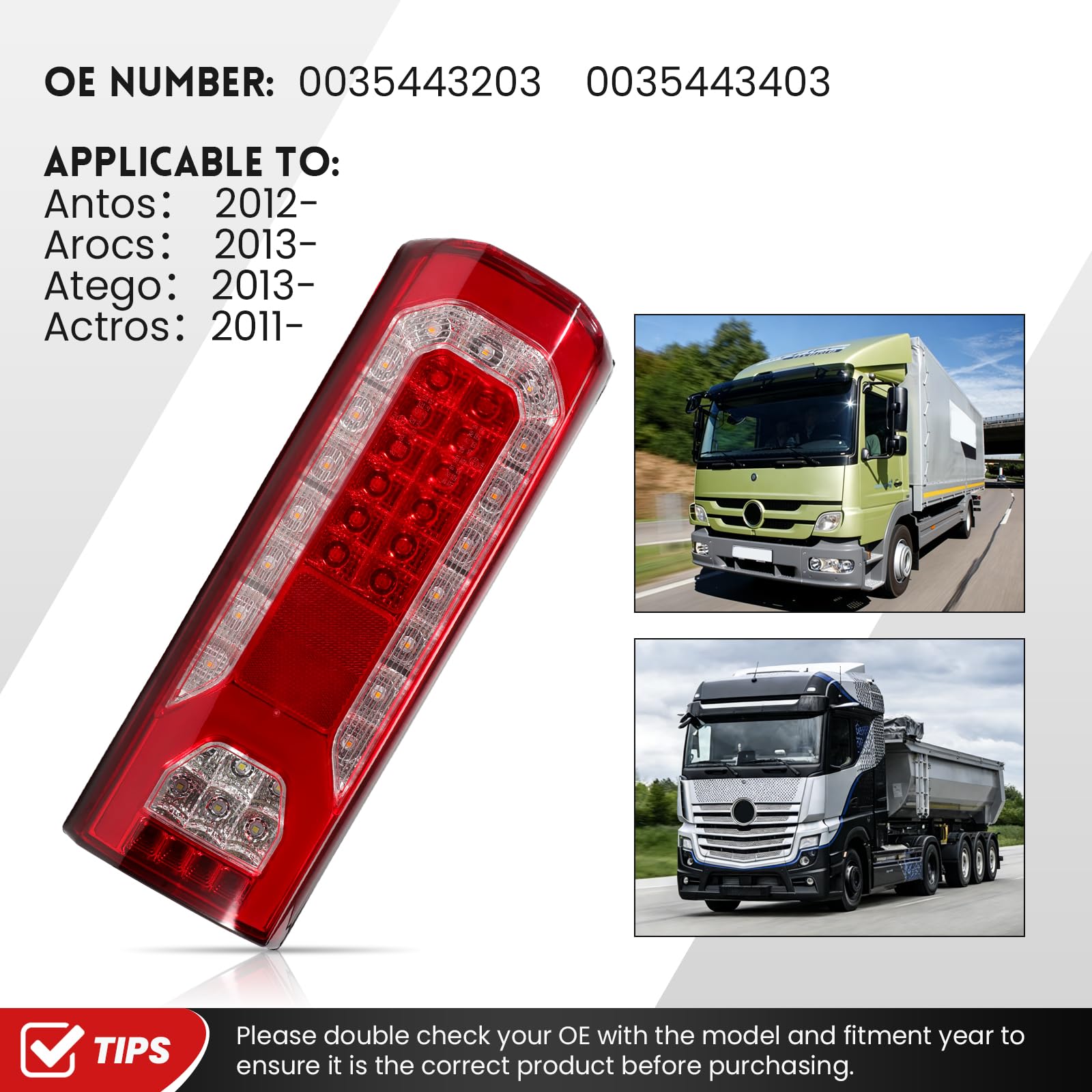 Piloto Trasero Izquierda 24V para Mercedes Actros Arocs Antos Atego 2011- | Faro Trasero con luz de freno y avisador de marcha atrás Luz trasera LED Lado del acompañante 0035443203 0035443403 Directo