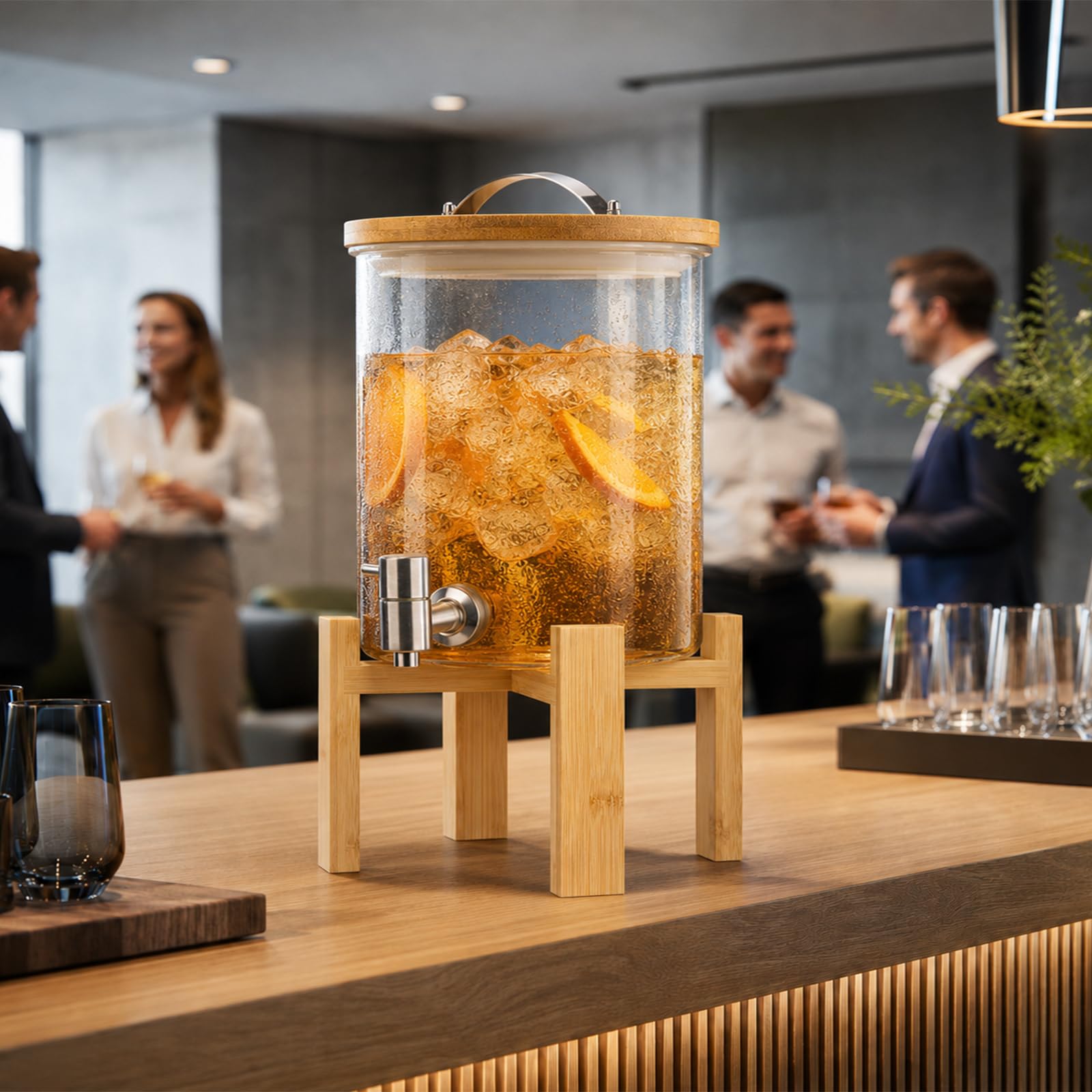 Dispenser di bevande in vetro da 5 l, contenitore per limonate con rubinetto in acciaio inox e supporto in bambù, senza BPA, ideale per feste di famiglia, feste di compleanno, campeggio all'aperto