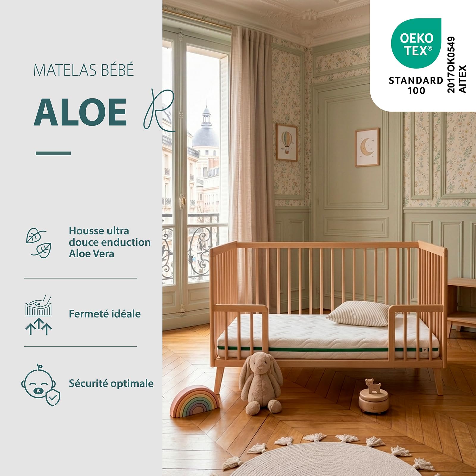 Kadolis - Matelas Bébé 70x140x10 cm Aloe R – Matelas Ferme Nouveau-né - Matelas lit bébé déhoussable - sans Traitement Chimique - Certifié Oeko-Tex