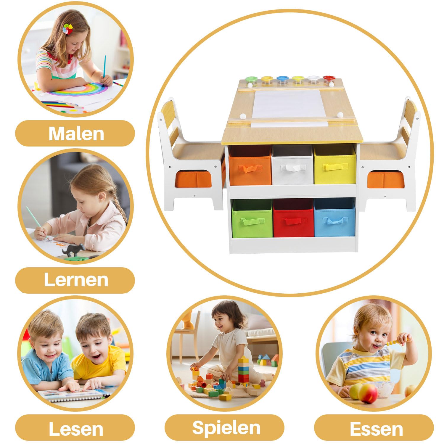 GRAVFORCE Kindertisch mit 2 Stühlen Maltisch & Basteltisch Kinder mit anhebbarer Tischplatte Spieltisch Kinderzimmer mit Stauraum Farbbechern 8 Stoffbehältern für Kinder ab 3 Jahren (Natural)