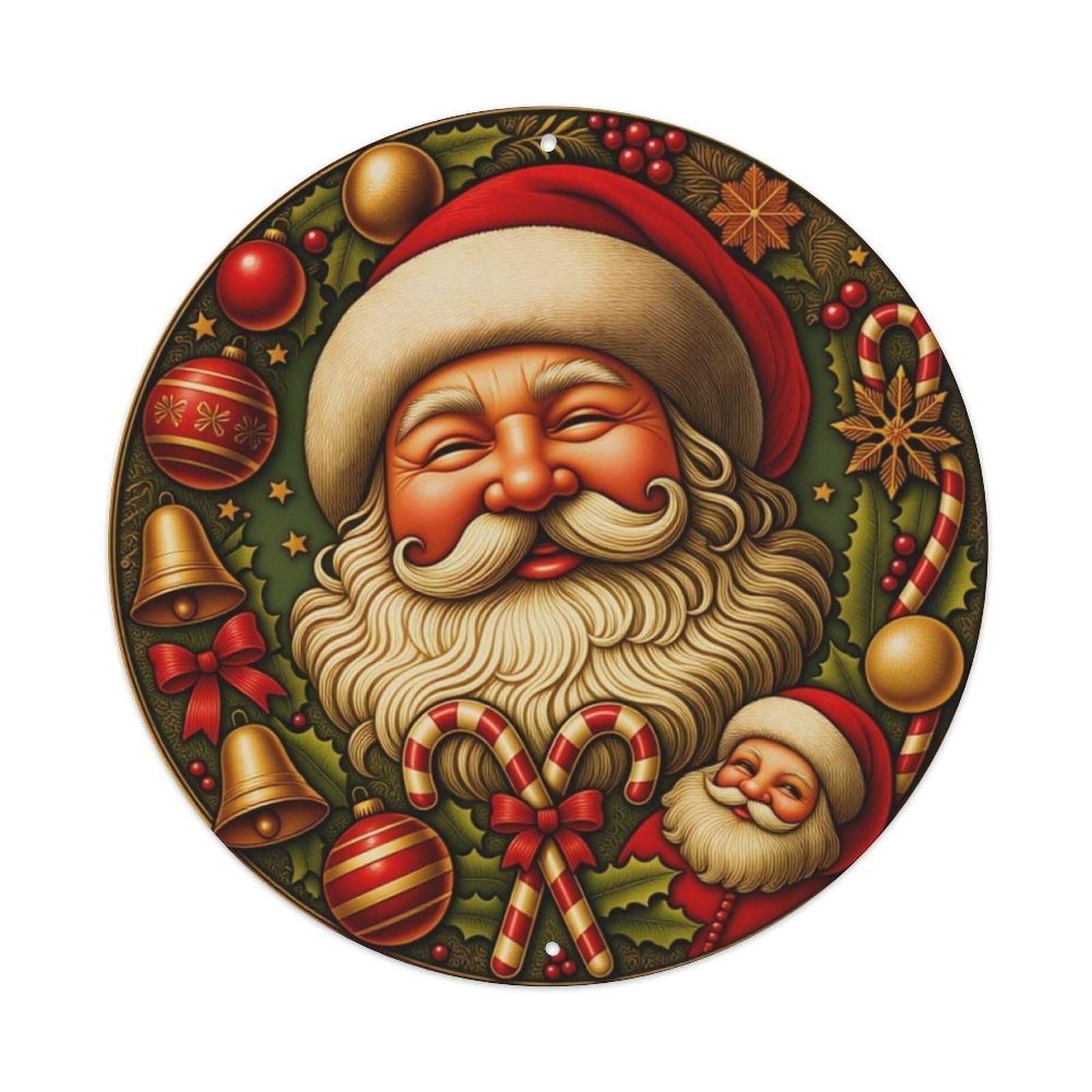 Vintage Holly Double Santa Claus Christmas Round Decor Sign Vintage Aluminium Metal Sign, Retro Wall Decor for Home, Bar, Garage & Farmhouse 20x20cm