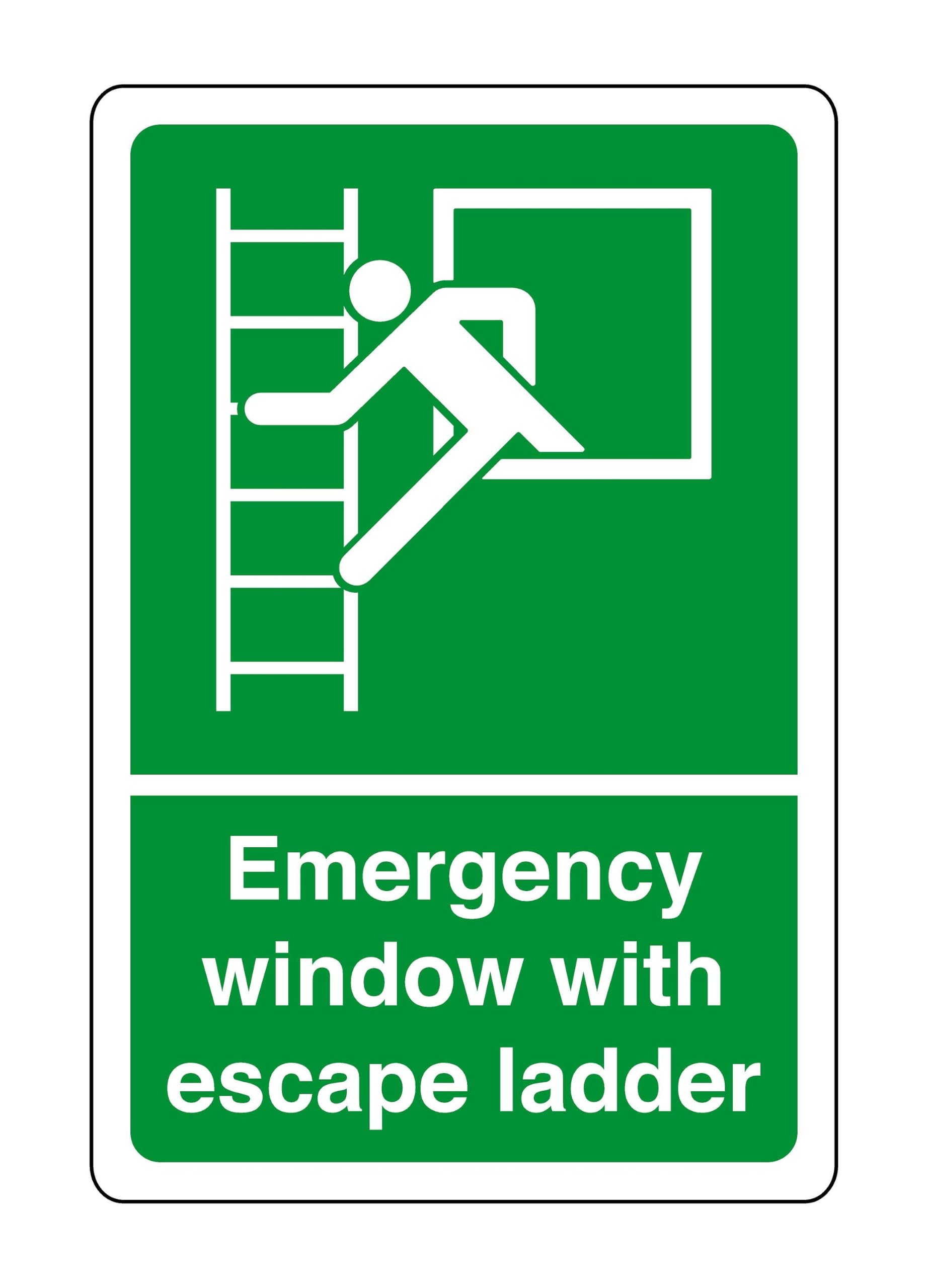 Emergency window with escape ladder - safety sign - High tack self-adhesive sticker (600mm x 400mm) Viewing Distance within 20m.