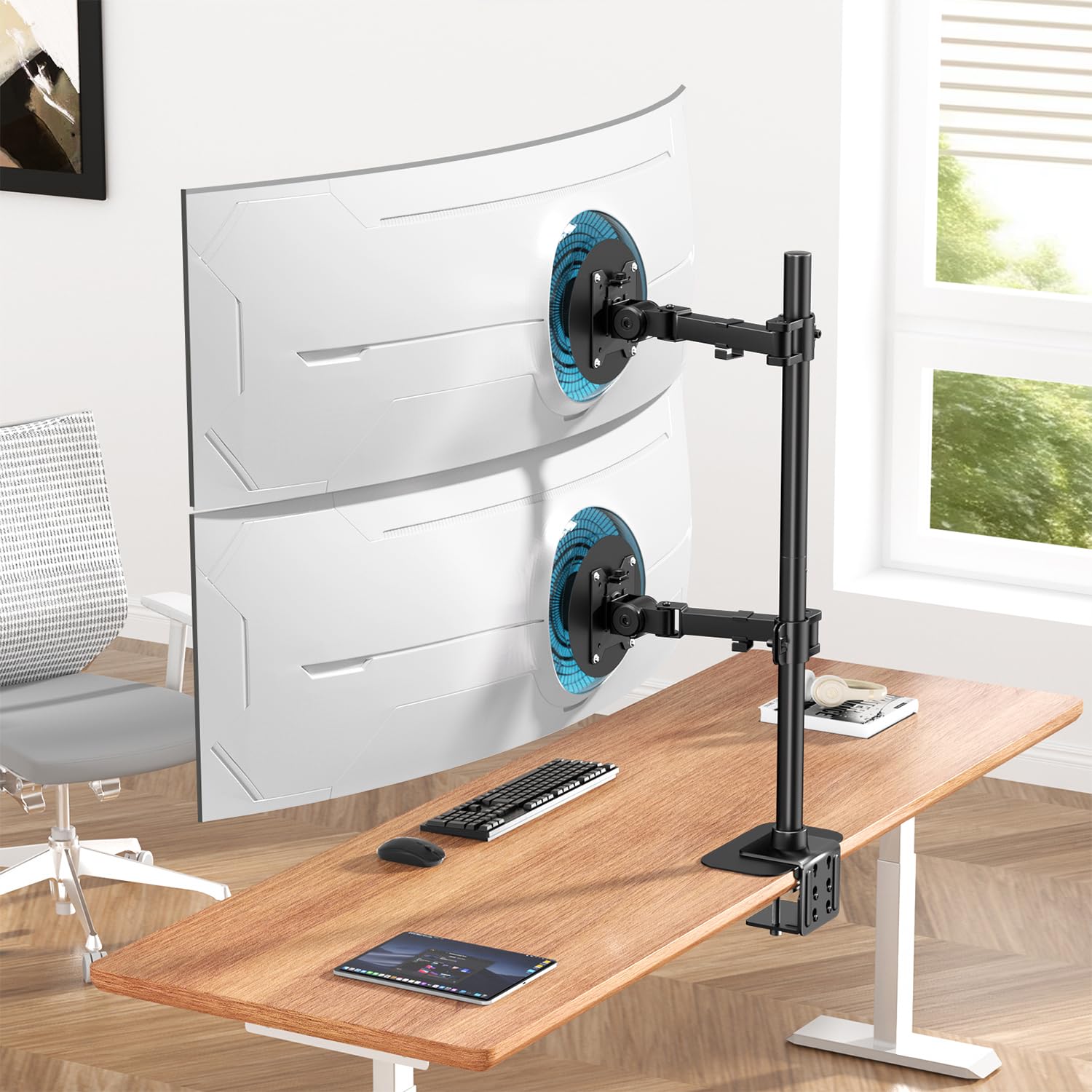 Dual Monitor Halterung 17-49" Flach & Curved 20kg/Arm, Höhenverstellbar | Vollständig verstellbare Tischhalterung, Schnellwechsel-VESA, Integriertes Kabelmanagement & Platzsparendes Stap