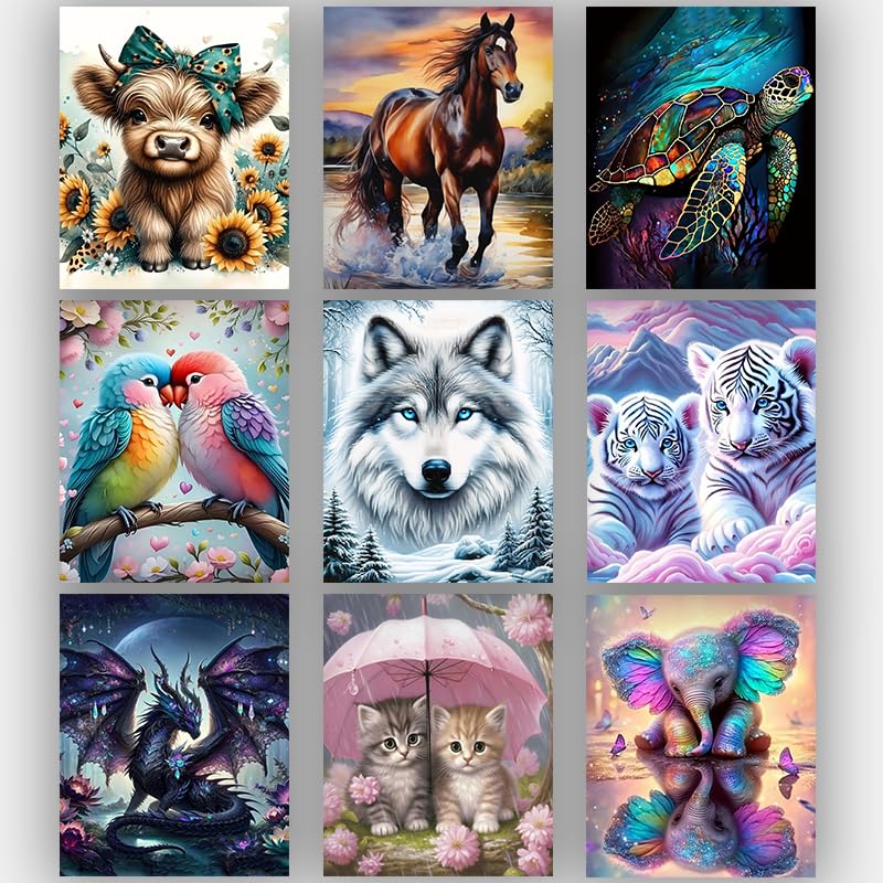 Mupmod 9 Pack Animals Diamond Art Kits for Adults,5D DIY Cow Elephant Dragon Diamond Painting Kits for Beginners Round Full Drill Painting with Diamonds Gem Art for Home Wall Decor 12X16Inch — image 1