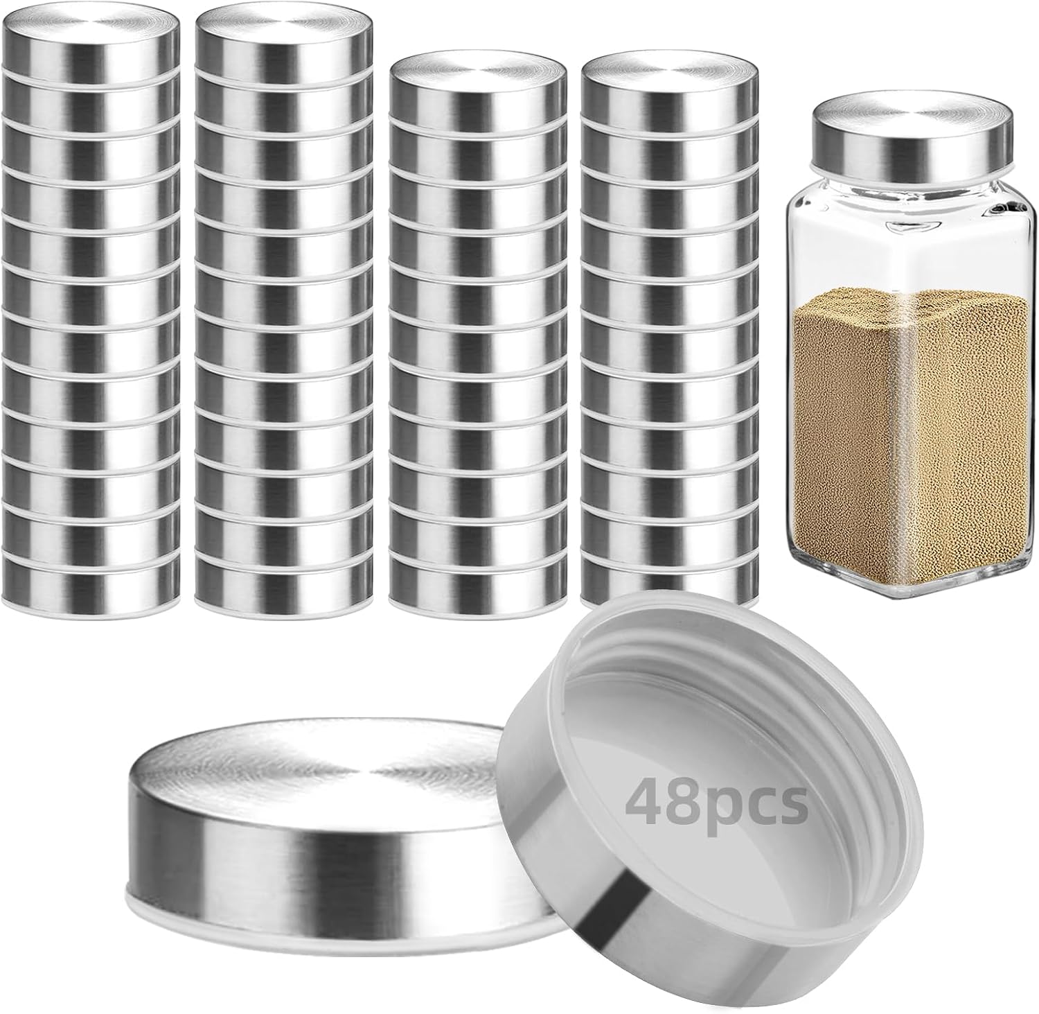 48Pcs 304 Stainless steel Jar Lids for 4 oz and 6 oz Square Spice Jars Reusable Can Airtight Spice Storage Canning Lids for Nice Sealing Kitchen (48)