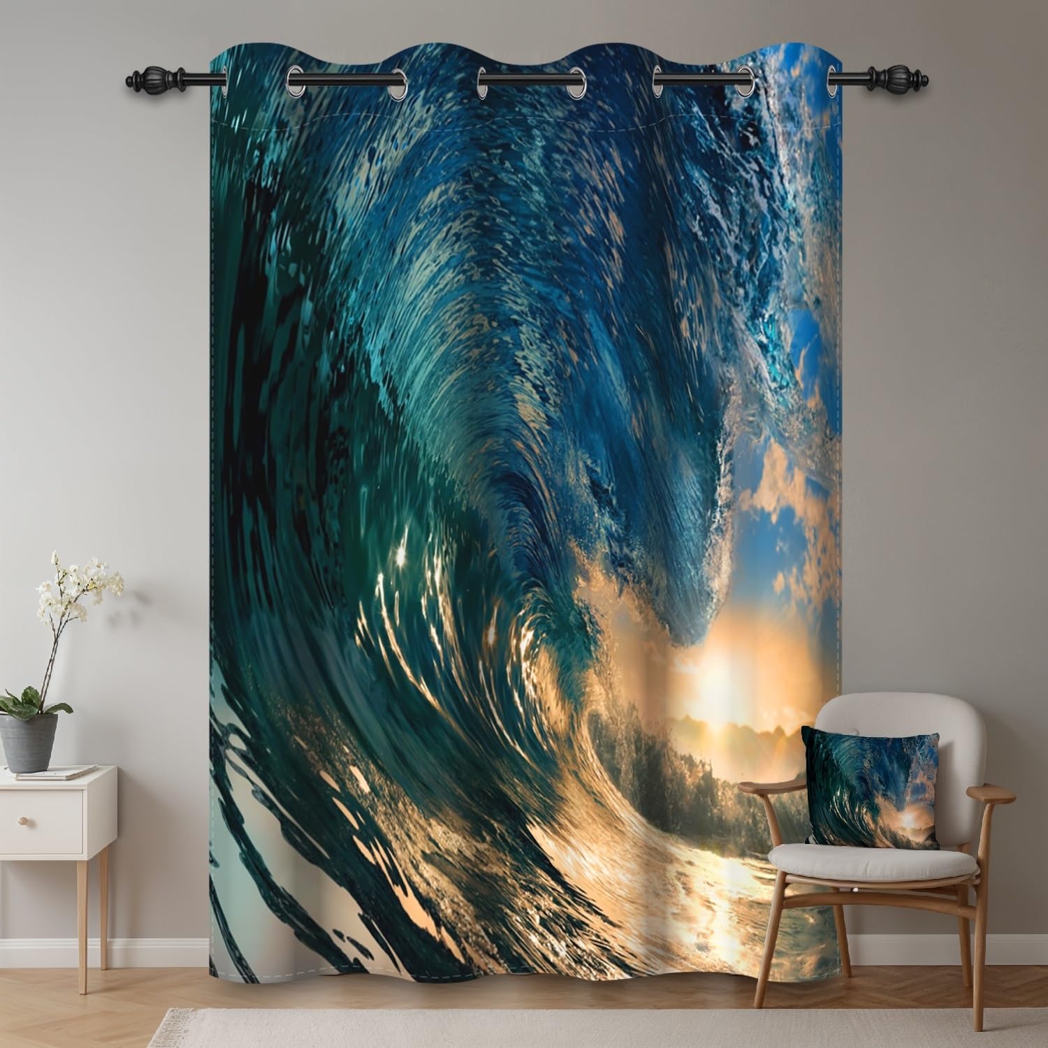 ggaimwf 42"x 63" Ocean Eyelet Curtain Blue Sea Wave Sunset Picturesque Natural Scenery Nautical Theme Thermal Grommet Room Dividers Blackout Window Drapes for Bedroom Living Room,1-Single Panel - Image 2