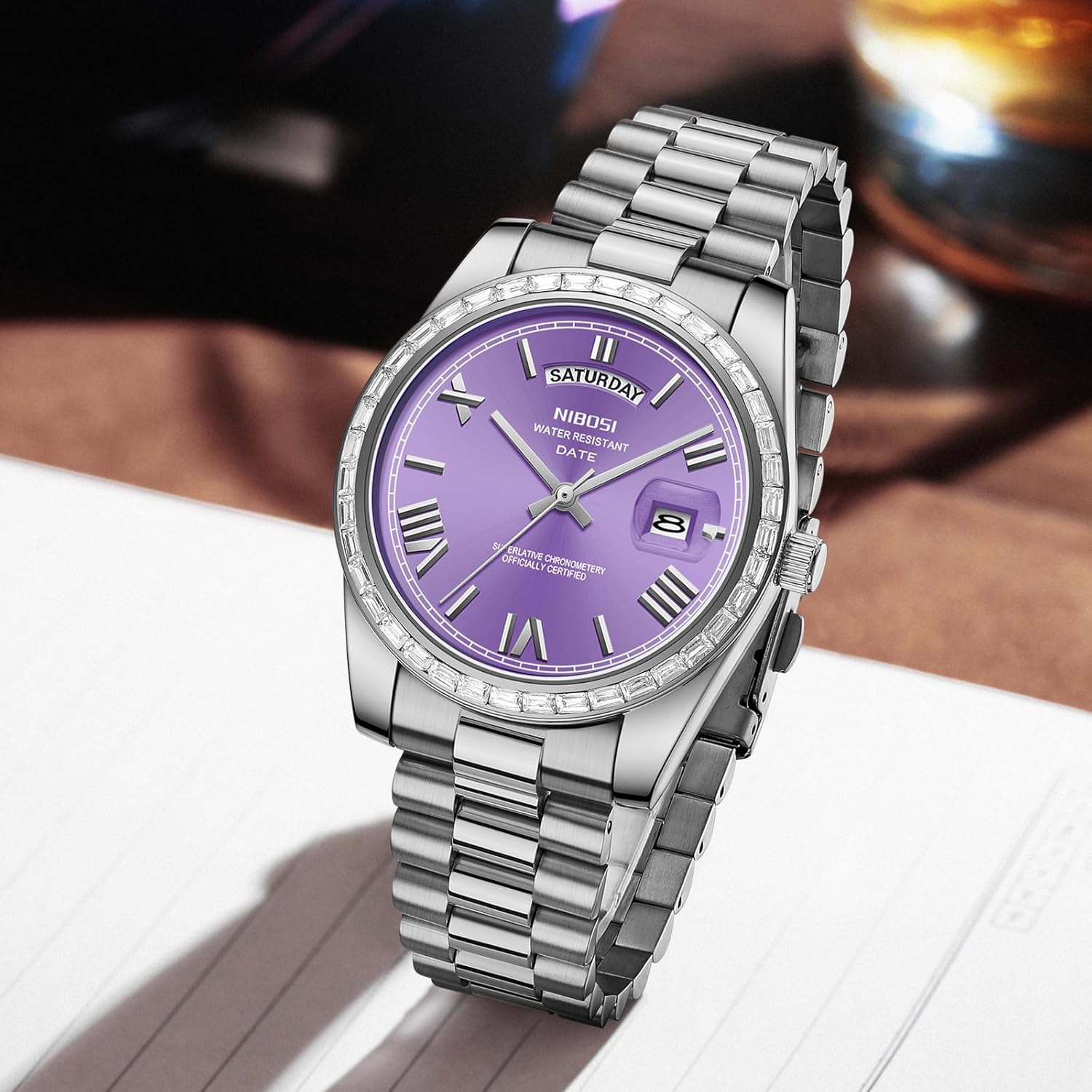 NIBOSI Men's Watches Analog Quartz Diamond Bezel Stainless Steel Dial Rose Gold Silver Watches for Men Waterproof Business Classic Dress Wrist Watch with Day Date - Image 7