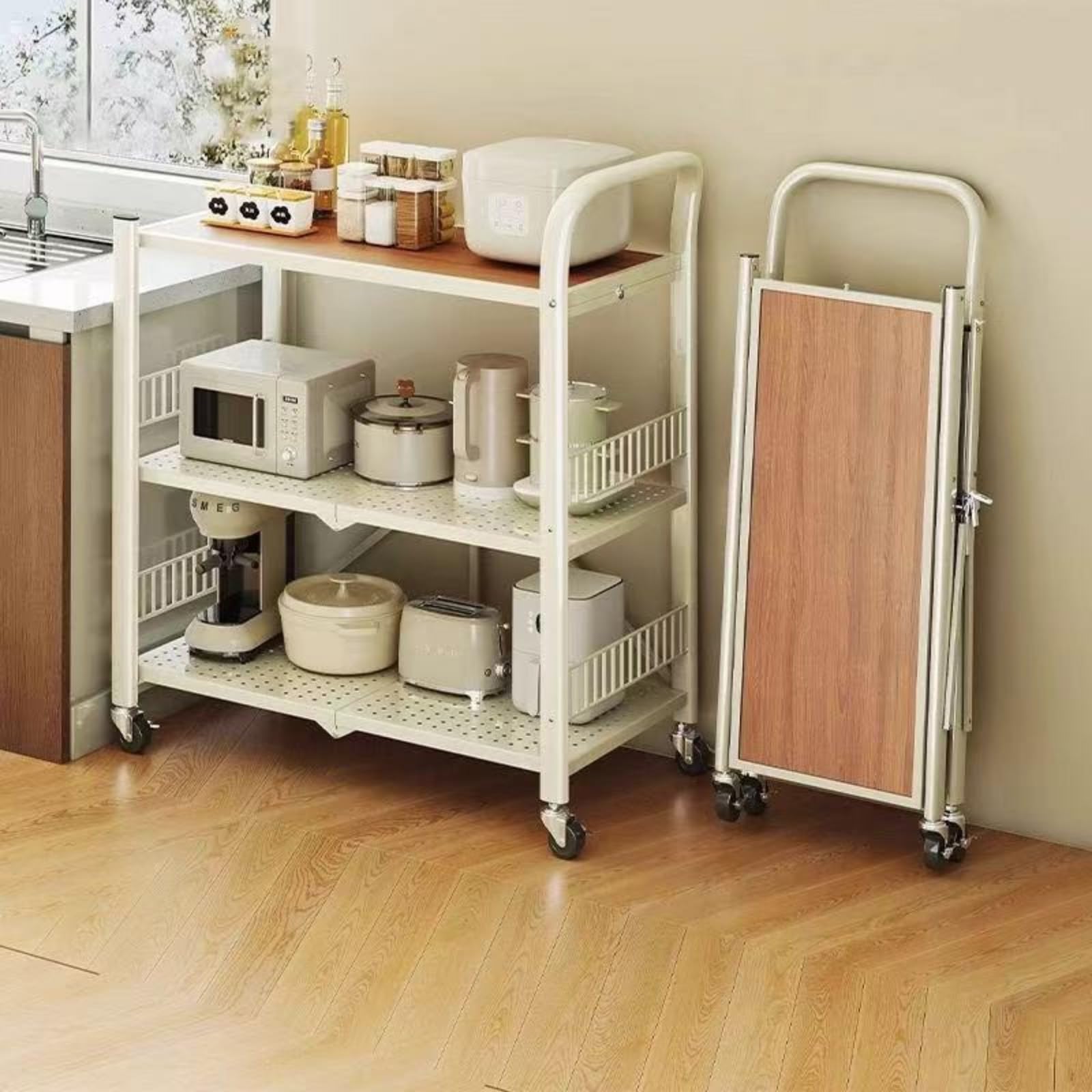 Carrito de almacenamiento plegable de metal de 3 niveles con ruedas, estante versátil para cocina, baño, lavandería, ideal para aperitivos, libros, frutas y más (blanco, 60 cm)