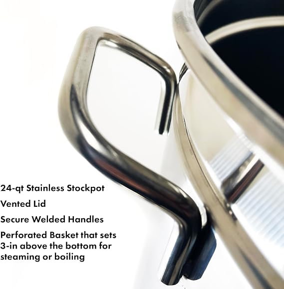 Bayou Classic 1124 24-qt Stainless Stockpot w/Lid And Basket Includes Vented Lid Perforated Stainless Steel Basket Perfect For Steaming Boiling and Frying