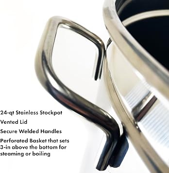 Bayou Classic 1124 24-qt Stainless Stockpot w/Lid And Basket Includes Vented Lid Perforated Stainless Steel Basket Perfect For Steaming Boiling and Frying