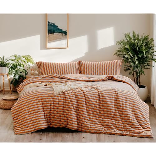 SLEEPBELLA Washed Double Layer Muslin 100% Cotton Comforter Set Queen Size, Orange & Blue Diamond Boho Pattern Fluffy Thick Checked Bedding Set, Soft Breathable (1 Comforter, 2 Pillow Shams)