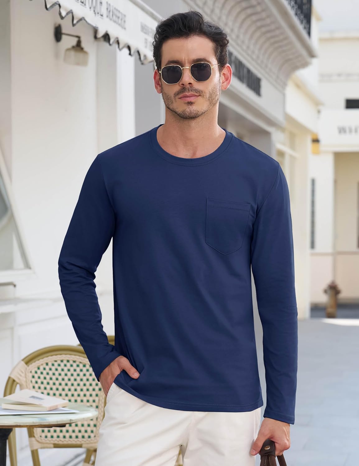 EKLENTSON Men's Cotton T-Shirts Long Sleeve Pocket Tee Crewneck Moisture Wicking Casual Tshirts Solid Color - Image 3