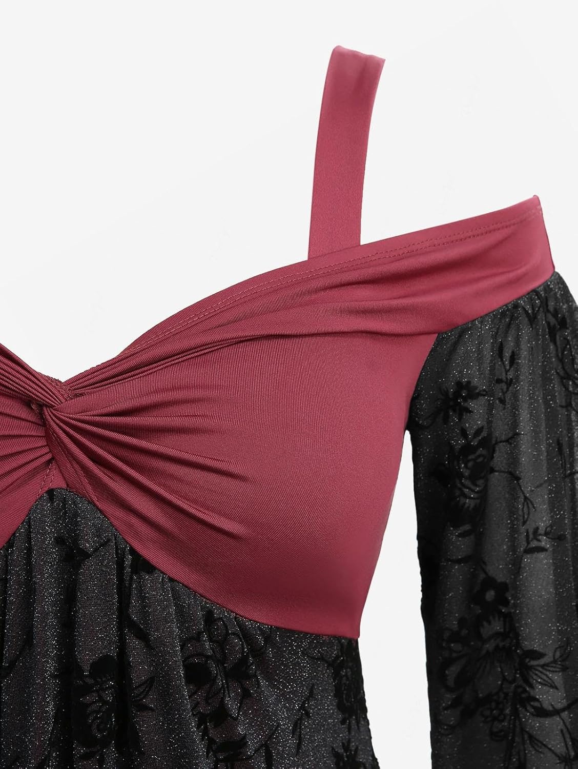 DRESSFO Women's Asymmetrical Twist Midi Dress – Cold Shoulder Glitter Floral Dress with Flare Sleeves - Image 3