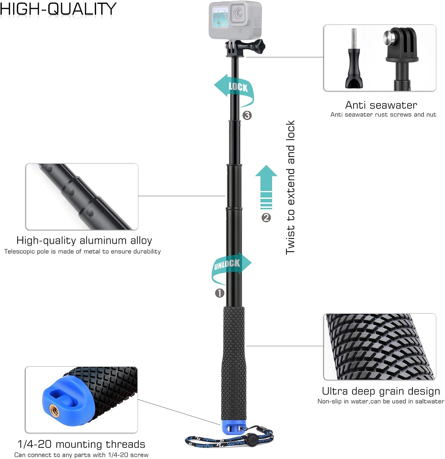 GEPULY 46''Alumium Waterproof Selfie Stick with 1/4 Thread Hole Underwater Pole Handle Grip Monopod for GoPro Hero 13 12 11 Max Insta360 AKASO DJI OSMO Action Cameras Accessories