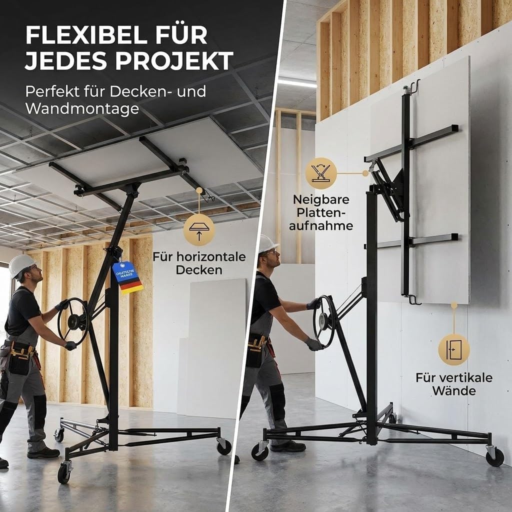Werkthor XXL Plattenheber bis max. 68 kg - Höhe 140-350 cm - Plattenheber Trockenbau für Rigipsplatten & Gipskartonplatten - Rigips Plattenheber mit 3 Räder & Feststellbremse (Schwarz)
