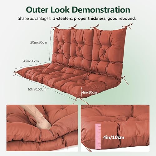 Miniatura 2 de Cojín de columpio de 3 plazas, cojín grueso para muebles de columpio de patio, columpio para 3 personas con lazos y bolsa de almacenamiento, para