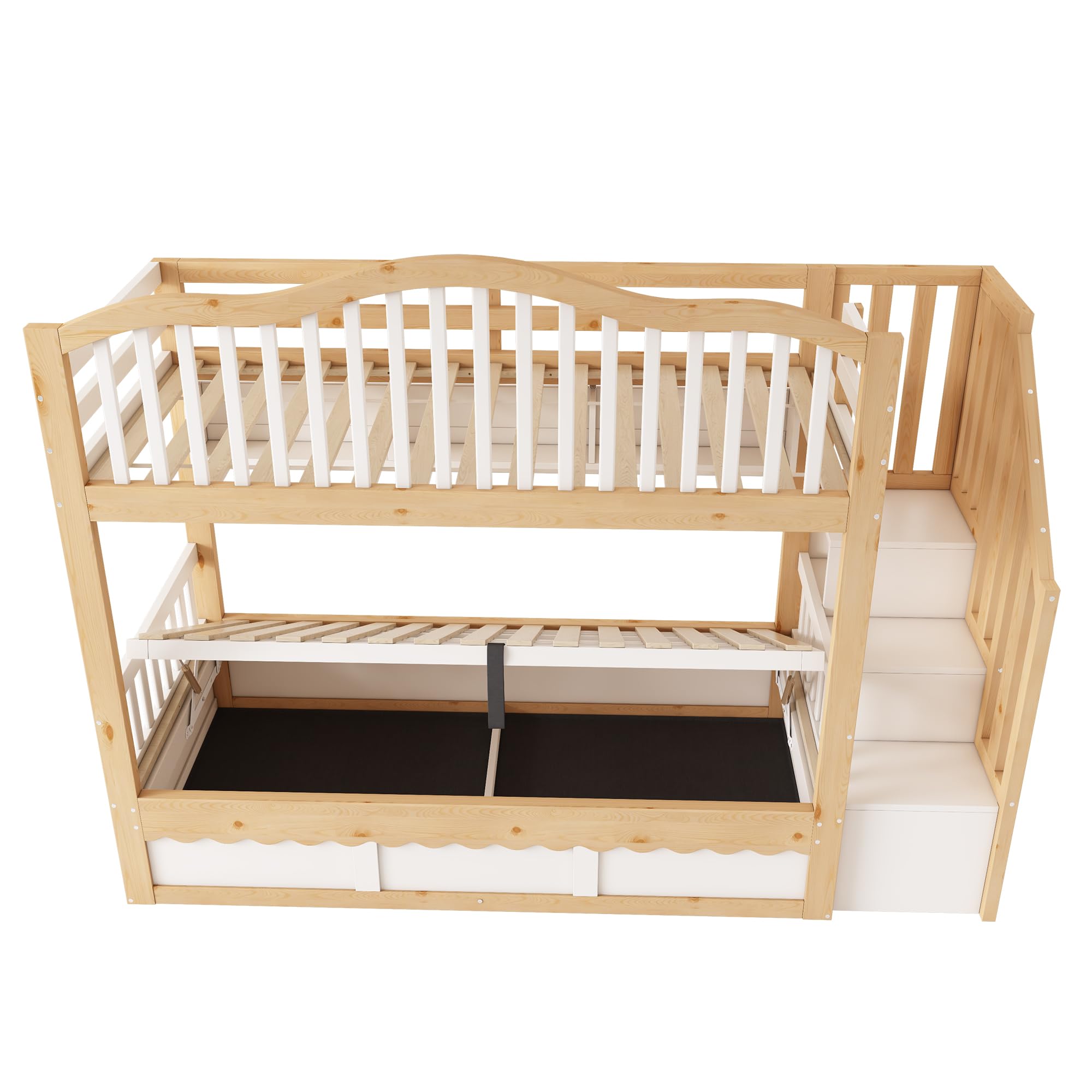 90 x 200 cm Litera para niños con espacio de almacenamiento hidráulico – Cama alta de madera con escalera de seguridad y estante, protección anticaídas, certificado EN 747-1:2024, blanco y roble