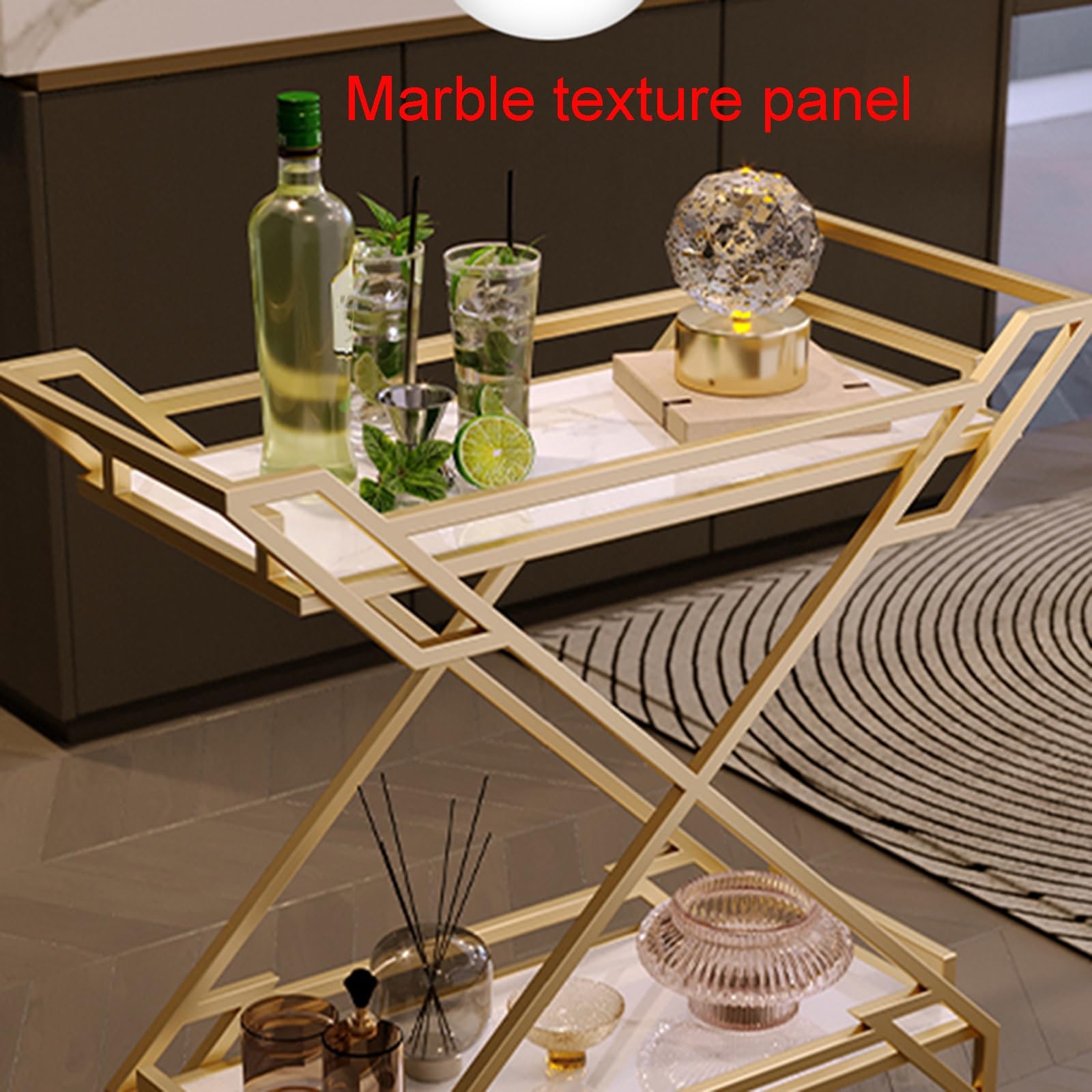 Chariots alimentaires en forme de X avec panneaux en marbre, cadre en fer émaillé cuit à haute température, poignées pratiques et garde-corps surélevés – Parfait pour la restauration et l'hôtellerie