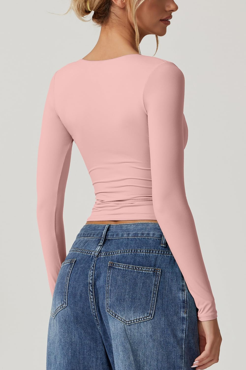 QINSEN Women's Long Sleeve V Neck T Shirts Double Lined Crop Top Seamed Cup Going Out Tops - Image 2