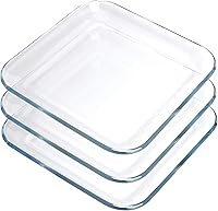 FOYO 7 Inch Clear Square Tempered Glass Plates Set of 3 - Salad Dessert Plates, Stackable, Microwave Oven Safe up to 752°F