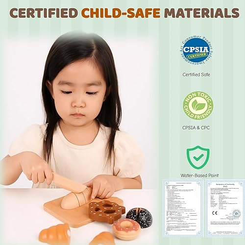 Miniatura 6 de Juego de comida de cocina de madera para cortar pan, 7 piezas con bolsa de compras y caja de regalo, juguete educativo Montessori y regalo de