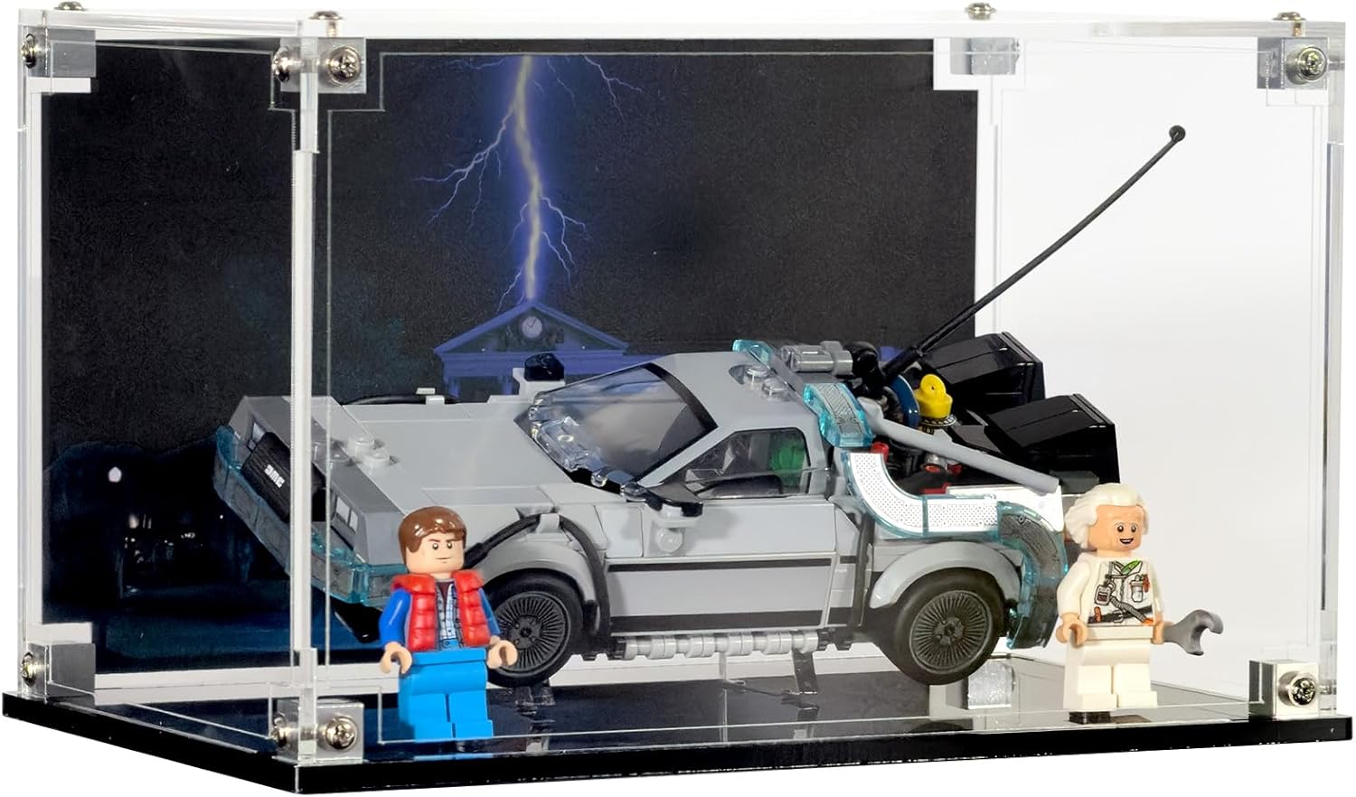 Display Case Compatible with LEGO Speed Champions 77256 - Delorean Time Machine – UV-Printed Background (Signs), Dustproof Acrylic Showcase, Set Not Included