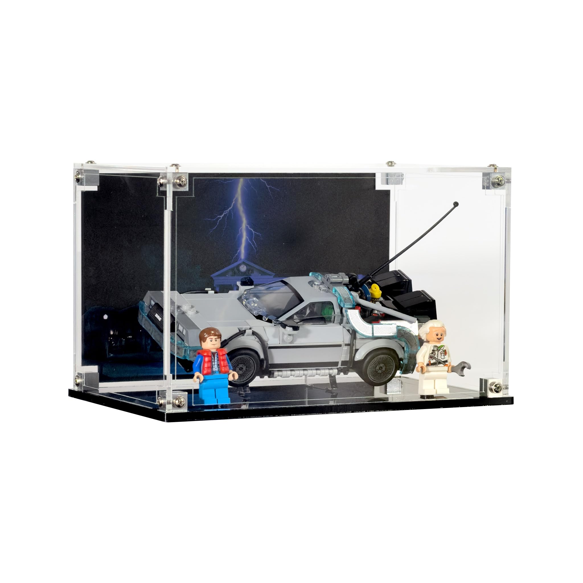 Display Case Compatible with Lego Speed Champions 77256 Time Machine from Back to The Future (2026) Acrylic Showcase with Themed Pre-Printed Background Set Not Included (Clocktower)