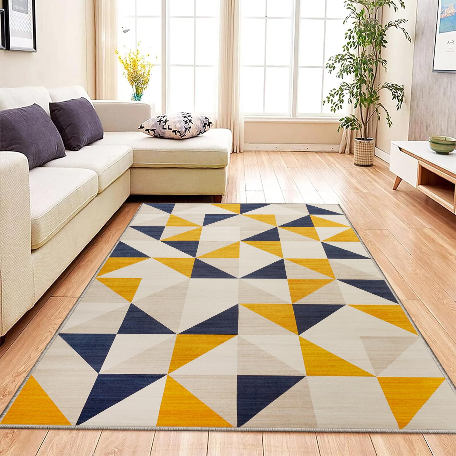 Aspire Homeware Rugs living room Bedside Rug 80 x 150 cm – Non-Shedding Floor Playing Mats for bedroom Lounge – Super Soft Geometric Style Printed Yellow Rugs (Brio)