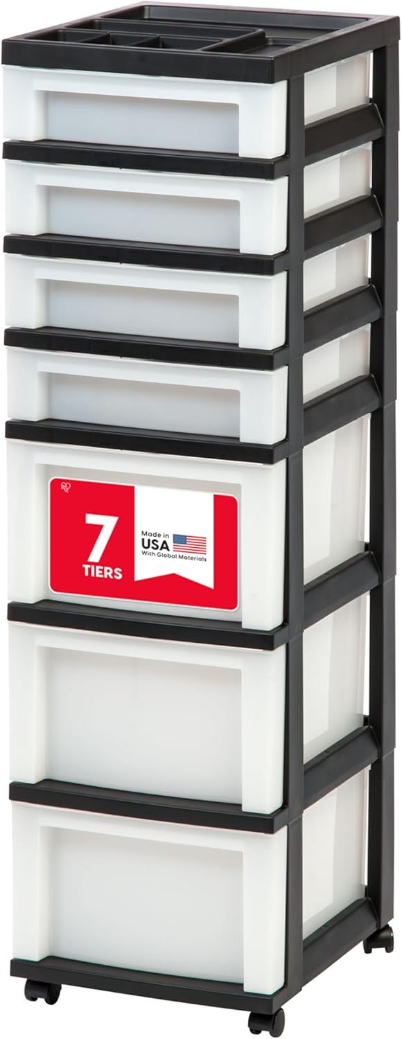 IRIS USA Plastic Drawer Storage Organizer Rolling Cart, with Wheels Casters, 7-Drawers, for Classroom Art Craft Supplies Dresser Closet Bathroom Laundry Room, Black/Pearl 7 Drawer with Wheels