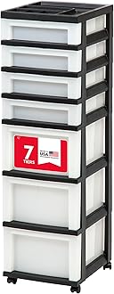 IRIS USA Plastic Drawer Storage Organizer Rolling Cart, with Wheels Casters, 7-Drawers, for Classroom Art Craft Supplies Dresser Closet Bathroom Laundry Room, Black/Pearl