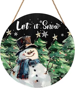 Winter Snowman Sign for Front Door Decor Christmas Snowman Wood Door Hanger for Outdoor Outside Porch Welcome Pine Trees Snowflake Wooden Wreath Winter Xmas Wall Hanging Decoration for Home 12"x12"