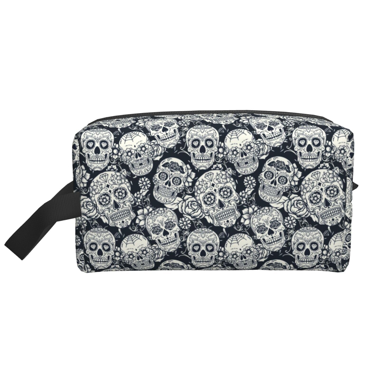 Ercgad Unisex White Floral Skull Print Large Capacity Travel Toiletry Bag Cosmetic Pouch Daily Storage Makeup Case