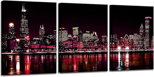 Biuteawal 3 paneles de Chicago Skyline Wall Art Chicago City Night View Picture Canvas Print Black and Red Cityscape Poster Photo Painting Modern