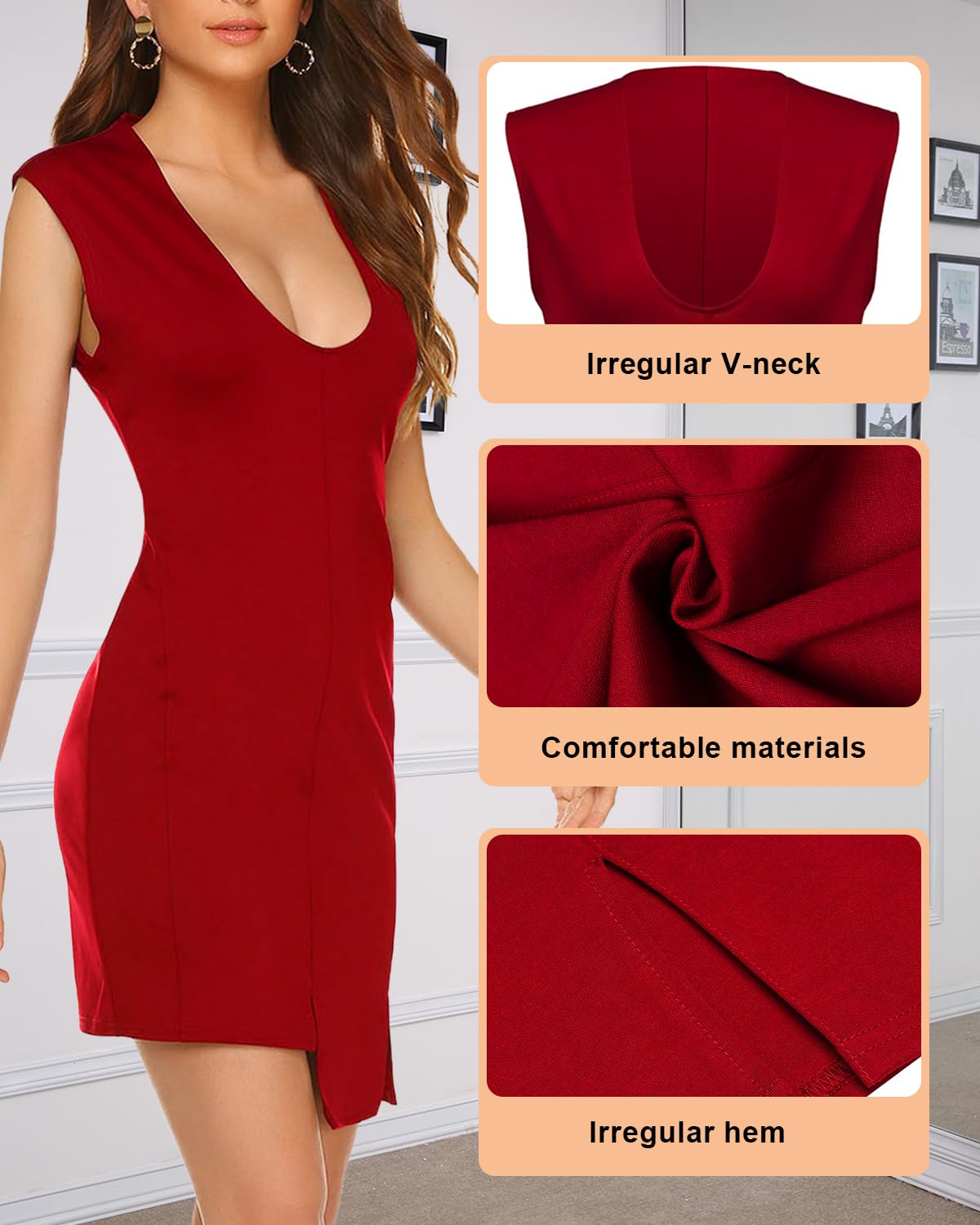 Rayson Vestito Donna Elegante Cerimonia Curvy Miniabito Senza Maniche Abito Sexy Vintage Mini Abito con Scollo a U Irregolare Vestito Donna