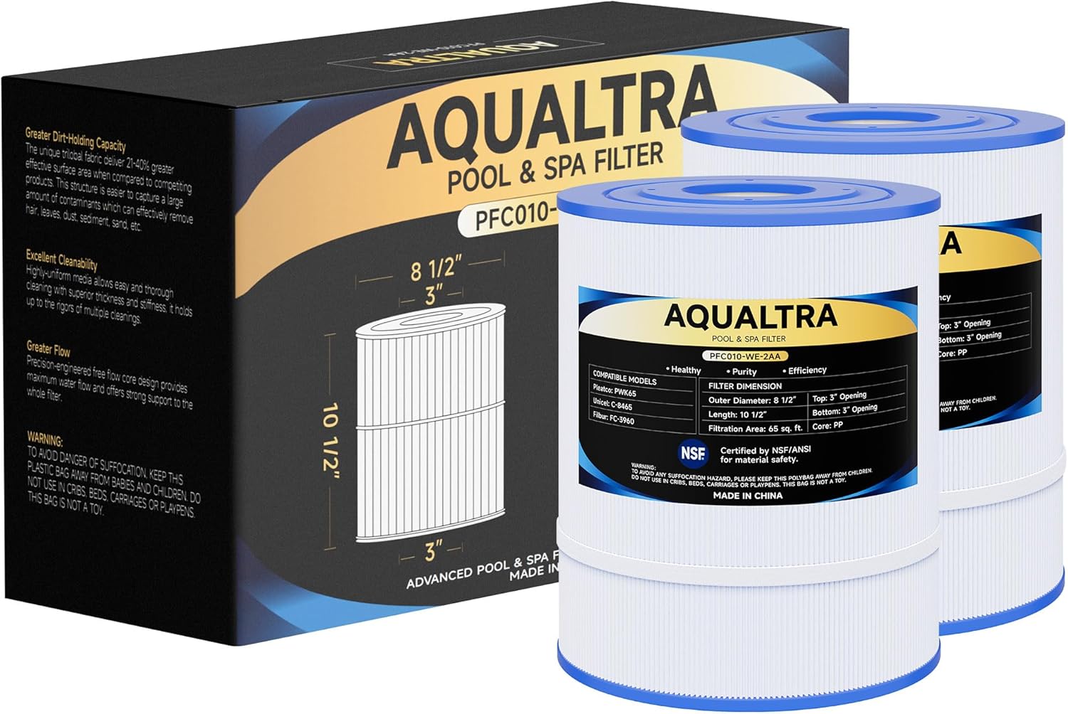 AQUALTRA Hot Tub Filter Compatible with C8465, PWK65, Watkins 31114, FC-3960, 71827, 71828, 65 sq.ft. 8 1/2”x 10 1/2” Drop in Spa Filter 2 Pack