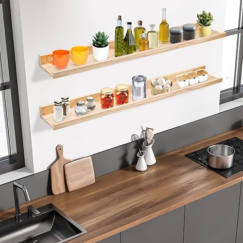 Miniatura 2 de MBYD Estantes flotantes de 16 pulgadas de madera natural soporte de pared para repisa de madera estante de pared para dormitorio sala de estar