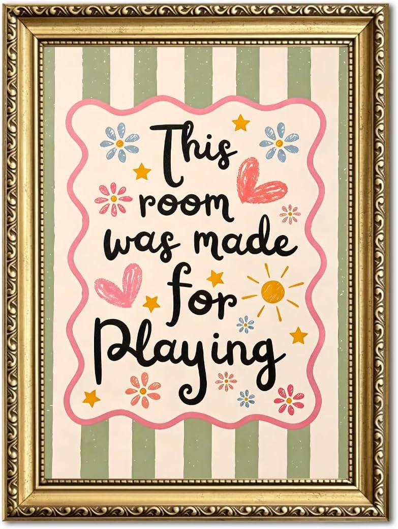 This Room Was Made For Playing Wall Art Funny Nursery Quote Sign Wall Decor Picture Cute Colorful Striped Poster Canvas Painting Print for Bedroom Kids Room Playroom 12x16 inch Gold Framed