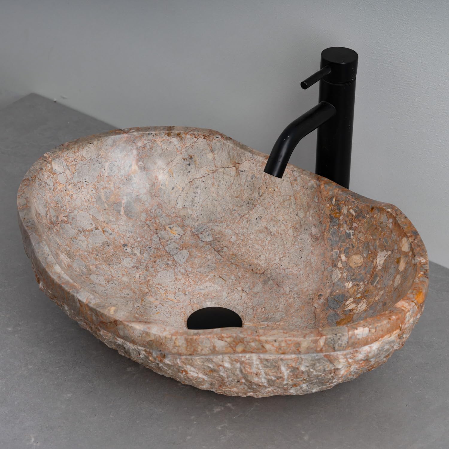 Golden Gray Marble Vessel Sink, Hand-Carved Canoe-Shaped Bathroom Sink in Solid Natural Marble, 20×14×5.5 inch, polished interior, chiseled exterior