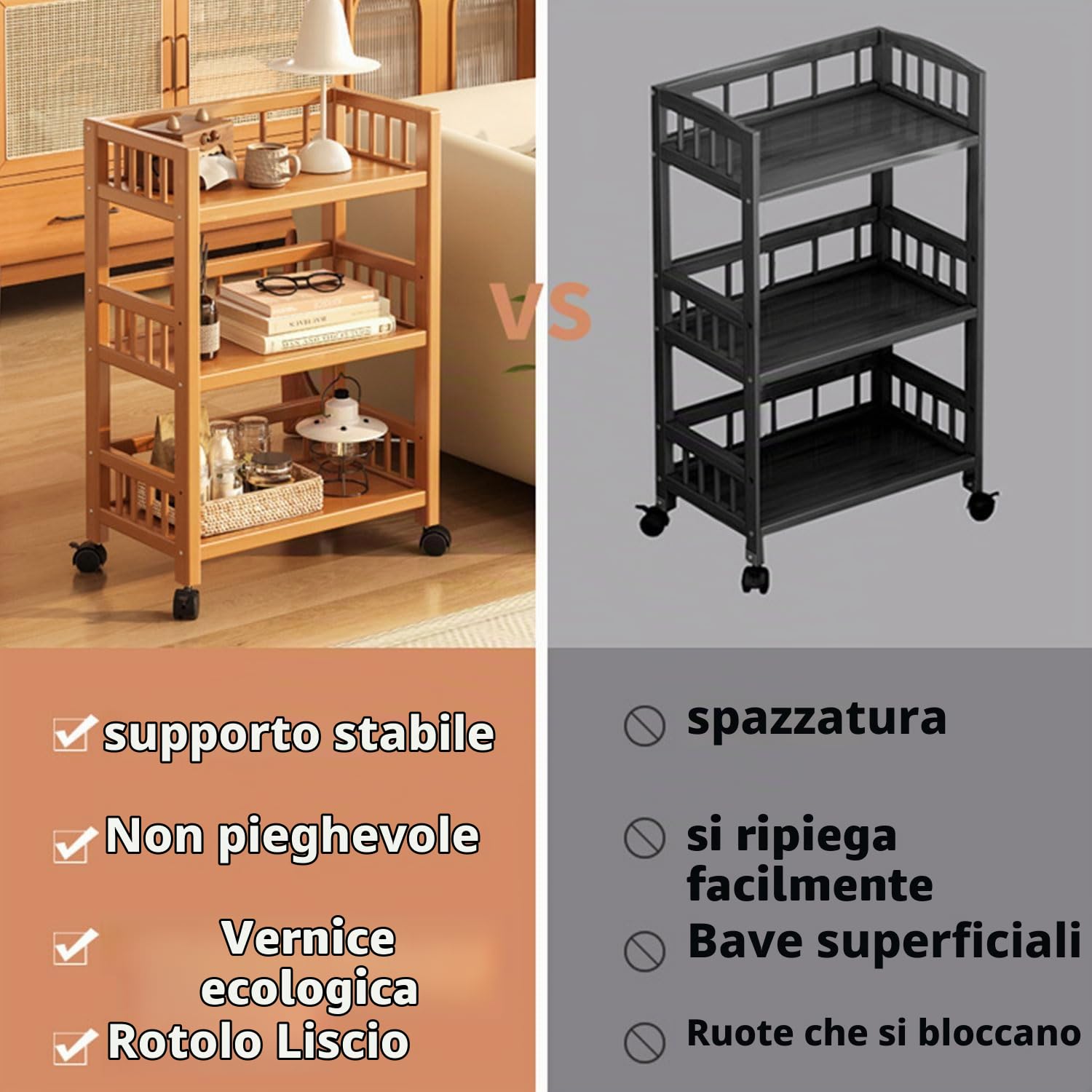 Carrello da portata con ruote, carrello da cucina in legno, 3 ripiani, carrello mobile multiuso per cucina, bagno, corridoio e balcone, carrello salvaspazio