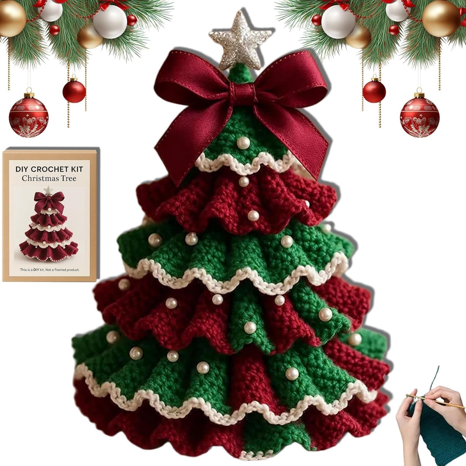 diy crochet christmas tree kit,handmade holiday decoration set, tree bow pearl embellishment, christmas party crochet decorations for beginners, holiday craft kit with yarn hook beads